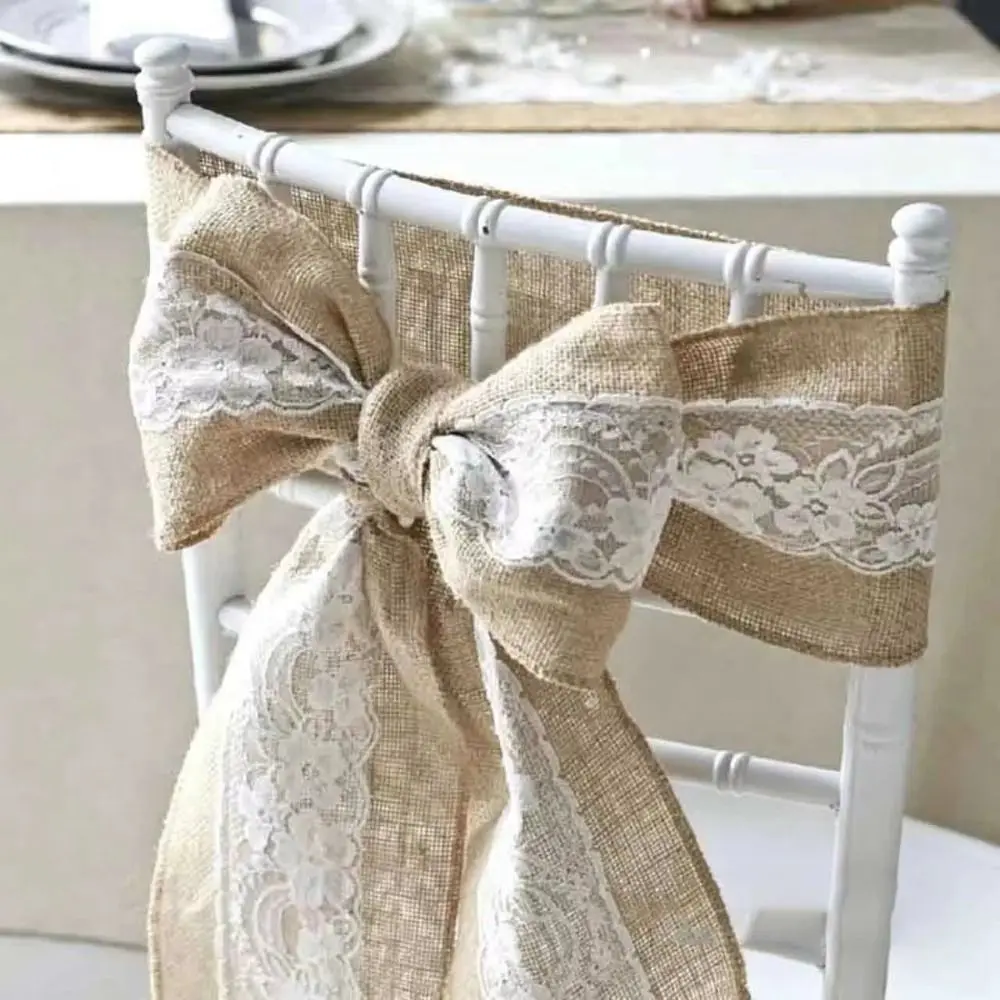 Vintage Burlap Chair Bow 15cm Handmade Lace Cotton Chair Backrest Classic DIY Craft Linen Chair Back Decoration