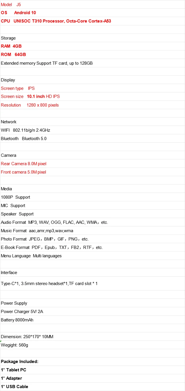 JUSYEA 10,1-Zoll-Android-10-J5-Tablets, ultradetragbar, 4 GB RAM, 64 GB ROM, Octa-Core, 8000 mAh, Typ-C, WLAN, Bluetooth 5.0, 1280 x 800 Pixel – Detail 1