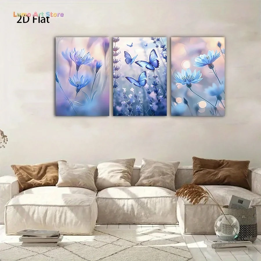 2D Flat,3pcs  Unframed 2D Flat Canvas Poster Set of Three Featuring Blue Flowers And Butterflies: A Beautiful Floral And