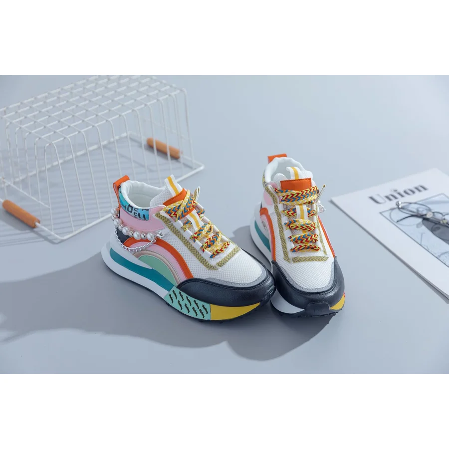 Trendy Pearl Platform Dad Shoes Niche Fashion Rainbow High Top Sneakers Popular Versatile Outdoor Sports Casual Walking Shoes view 4