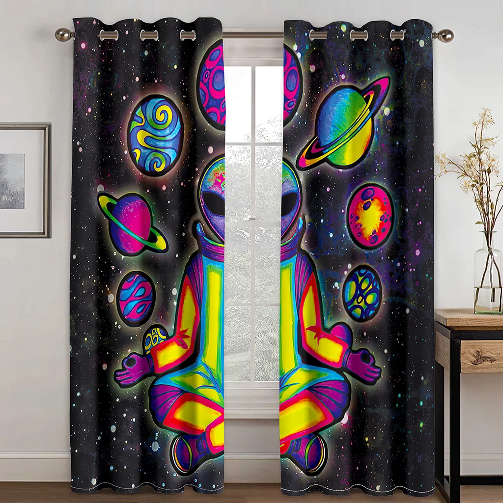 3D Print Bohemian Psychedelic Alien Style 2 Panel Thin Semi-Shading Polyester Window Curtain for Bedroom Living Room Decor Hooks