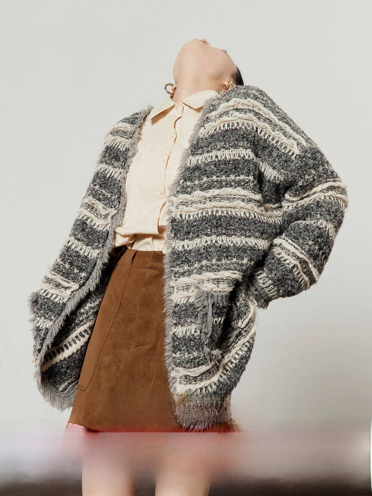 

ay Knitted Sweater Women's Mid-Length Loose Knitted Outerwear Autumn New Sle Striped Color Blo Mixed Weave Comfortable ...