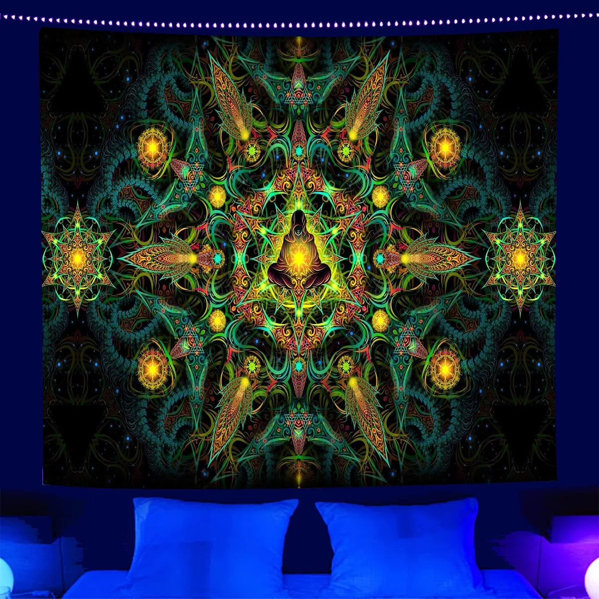 

Blacklight Tapestry UV Reactive Meditation Zen Wall Hanging Peach Skin 2D Flat Print Psychedelic Fractal Decor for Bedroom