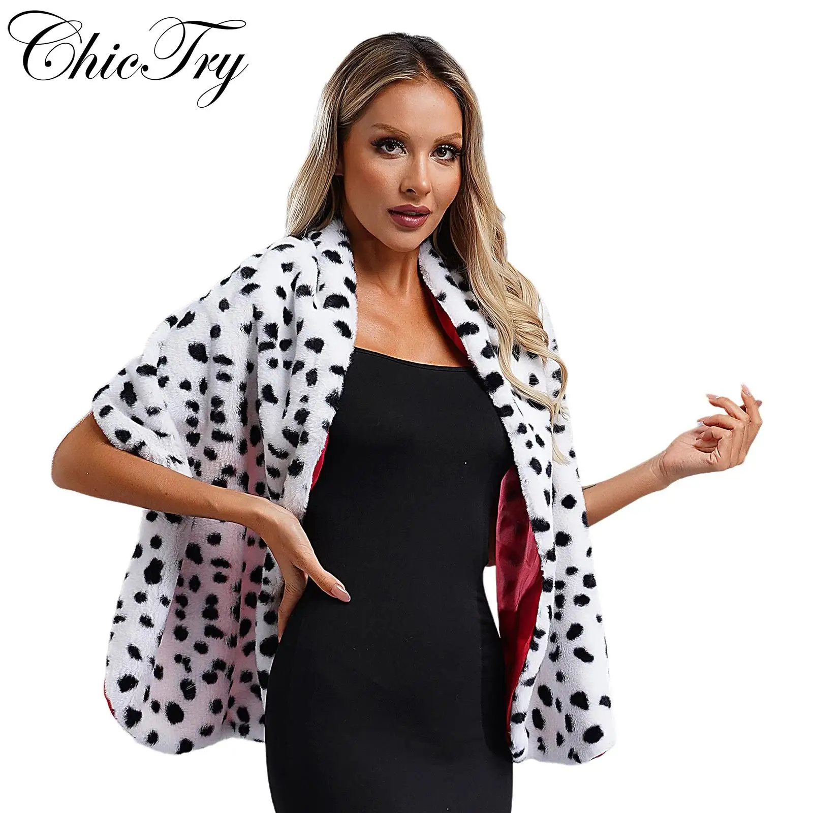 Women's Halloween Dalmatian Print Shawl Faux Fur Black White Stole Cosplay Costume Accessories Western Carnival Party Dress Up