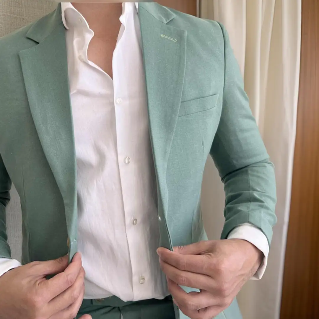 Traje de lino ajustado para hombre, esmoquin de 2 piezas, estilo italiano, verde salvia, chaqueta y pantalones, 2024