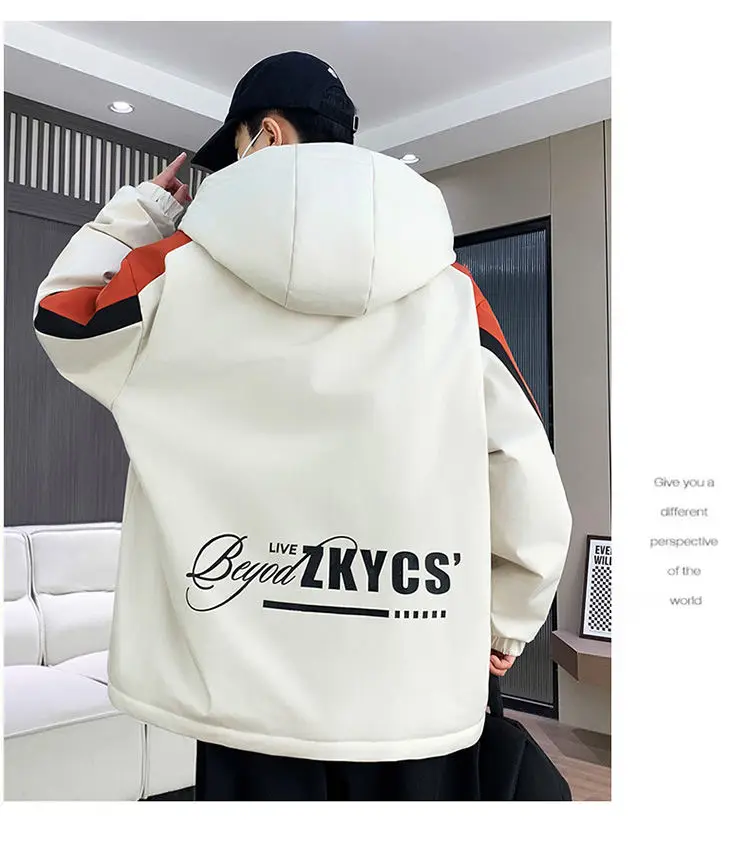 Modische Jugendliche Jacken mit Kapuze, verdicktem und plüschigem Futter, Herbst/Winter 2026, warme Fleece-Mäntel für Herren, Streetwear, winddichte Parkas – Detail 17