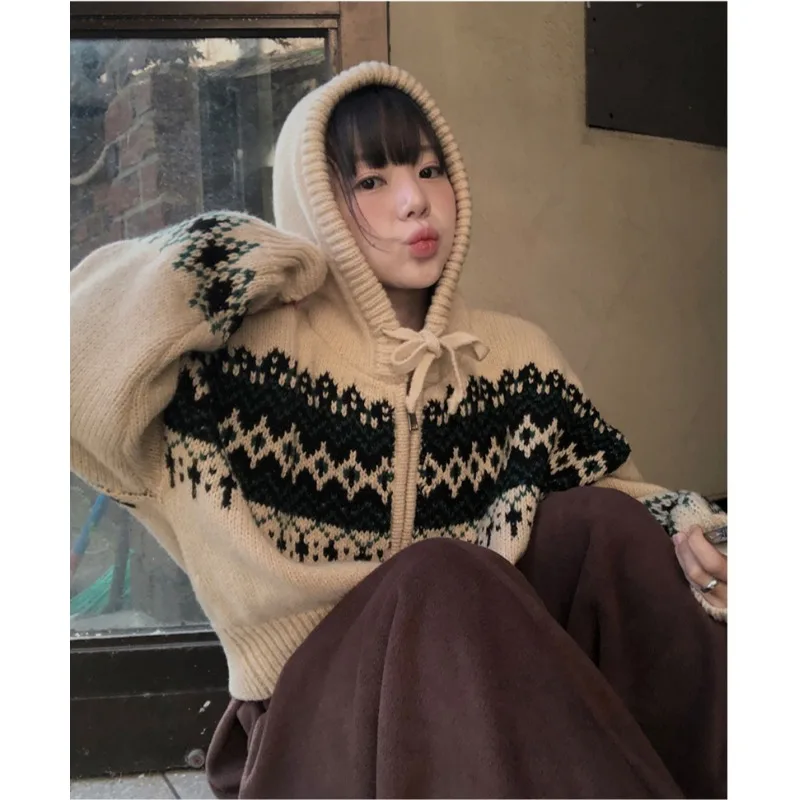 

Retro Nordic Fair Isle Knitted Sweater Coat Women Loose Floral Patterned Hooded Open Cardigan Spring Autumn Winter Faion