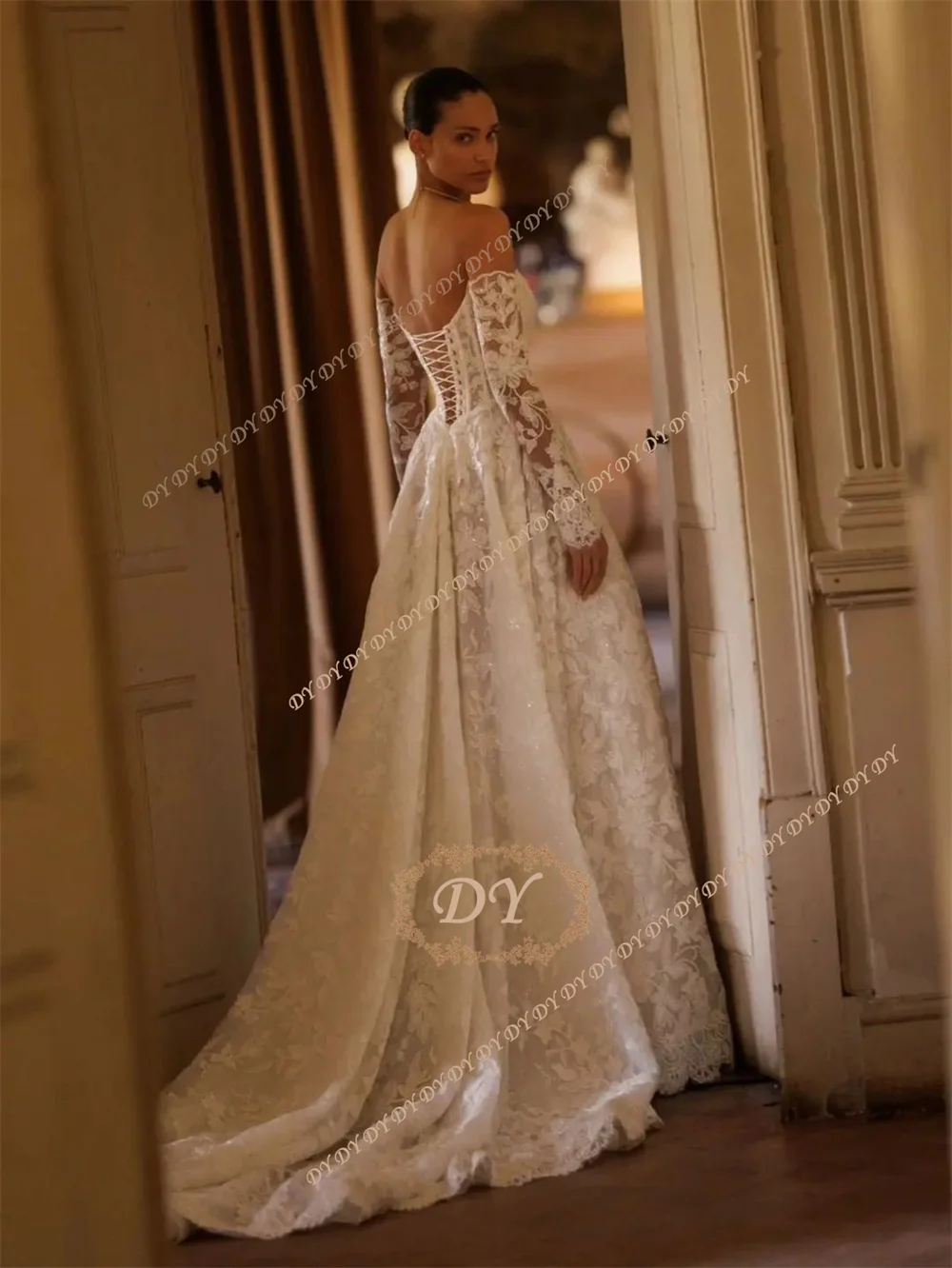 DY Luxuriöse Perlen-Spitzen-A-Linien-Brautkleider Maßgeschneidert 2026 Sweetheart-Ausschnitt Schulterfreies Brautkleid Robe De Mariage
