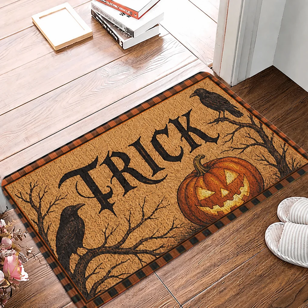 Modern Halloween Pumpkin Doormat Contemporary Crow Tree Pattern Door Mat Luxury Festive Floor Rug Entryway Welcome Carpet