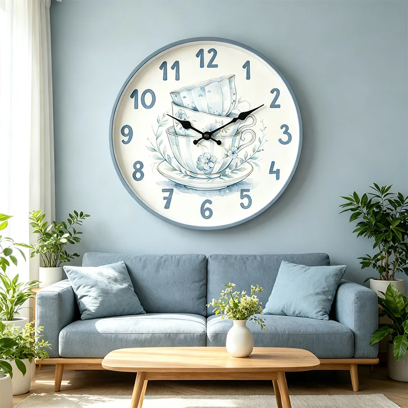 Pastel Blue Watercolor Stacked Tea Cup Round Wall Clock Non Ticking Quartz Hanging Watch Elegant Flower Teacup Painting Wall Ornament Farmhouse Kitchen Dining Room Decoration