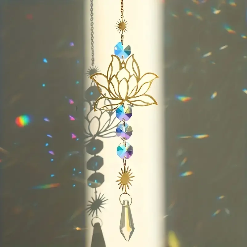 1Pc MetalLotusandArtificial Crystal Suncatcher Charm Handmade Applicable Home Wind Chime Pendant Outdoor Garden Plant Decoration image 3