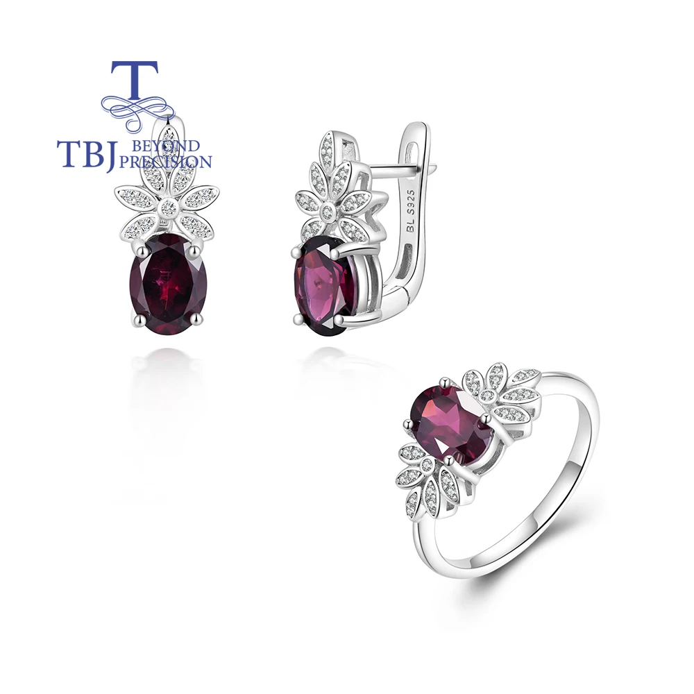 

Fashion natural Rhodolite garnet Ring Earrings jewelry set 925 sterling silver Light luxury birthday gift for ladies and girls