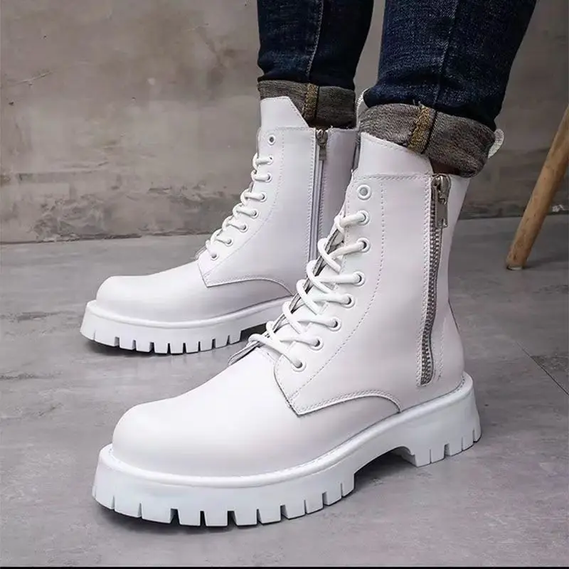 

British style men's casual high motorcycle boots lace-up black white shoes cowboy platform boot handsome autumn winter botas man