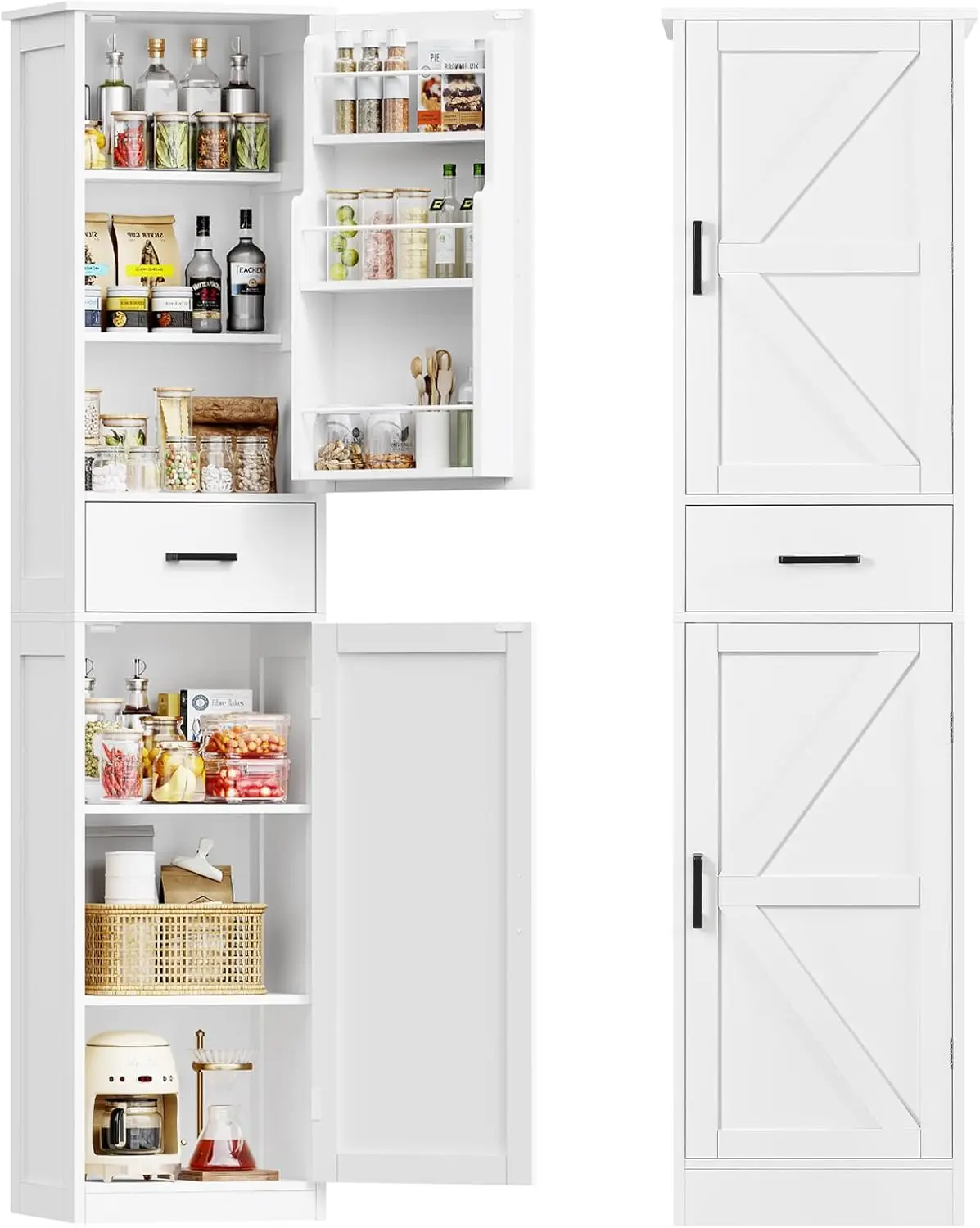 

Tall 3-Door Cabinet with Drawer, Narrow Pantry Storage for Kitchen Bathroom Living Room Entryway in White