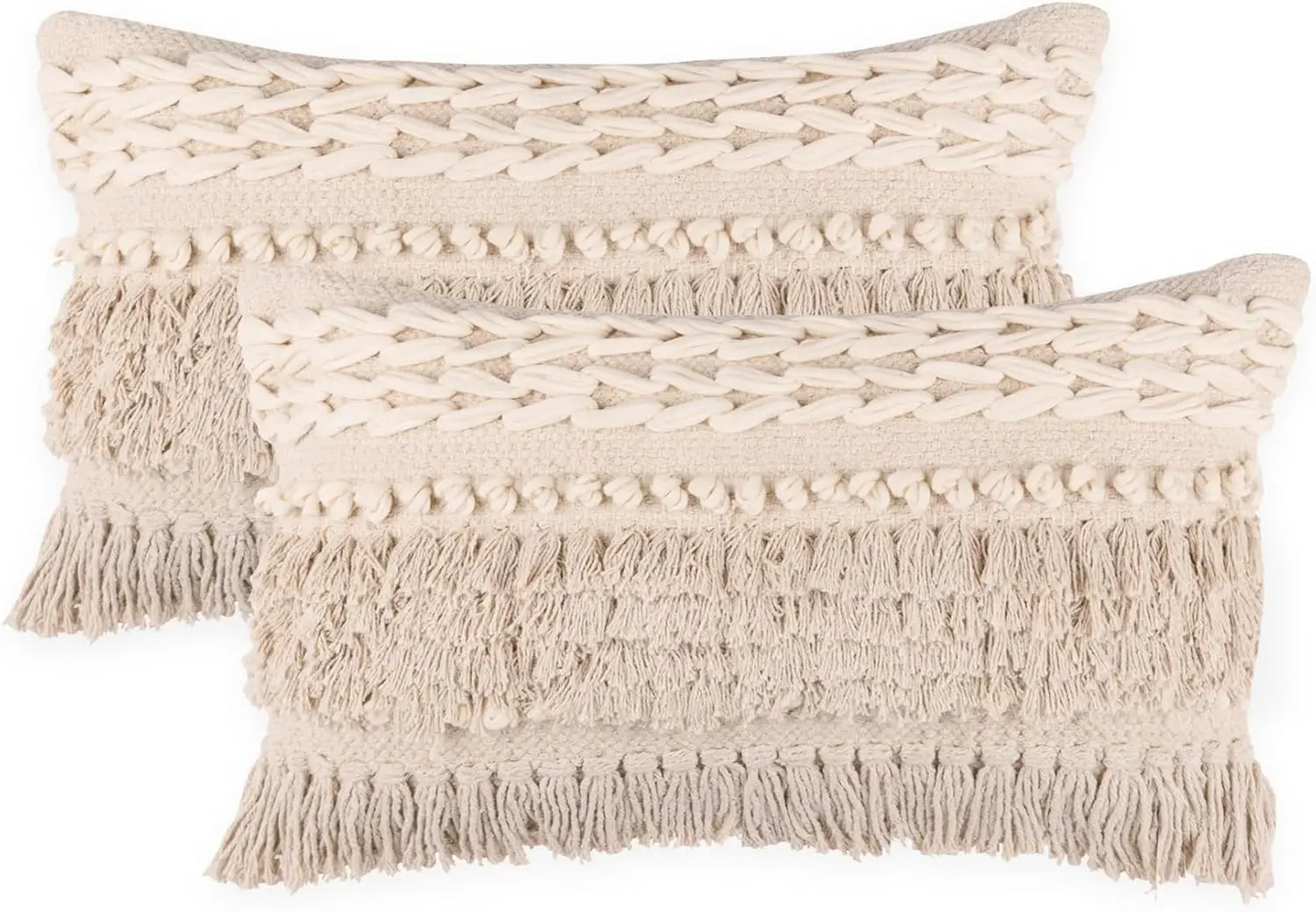

· Boho Textured Throw Pillow Cushion Covers- Lumbar Woven Tufted Decorative Farmhouse Cases Set For Couch, Sofa, Bed, Chair,