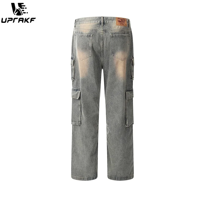 UPRAKF Straight-leg Multi Pocket Jeans Summer Streetwear Basic Pants Fashion High Street Autumn Casual Denim Loose