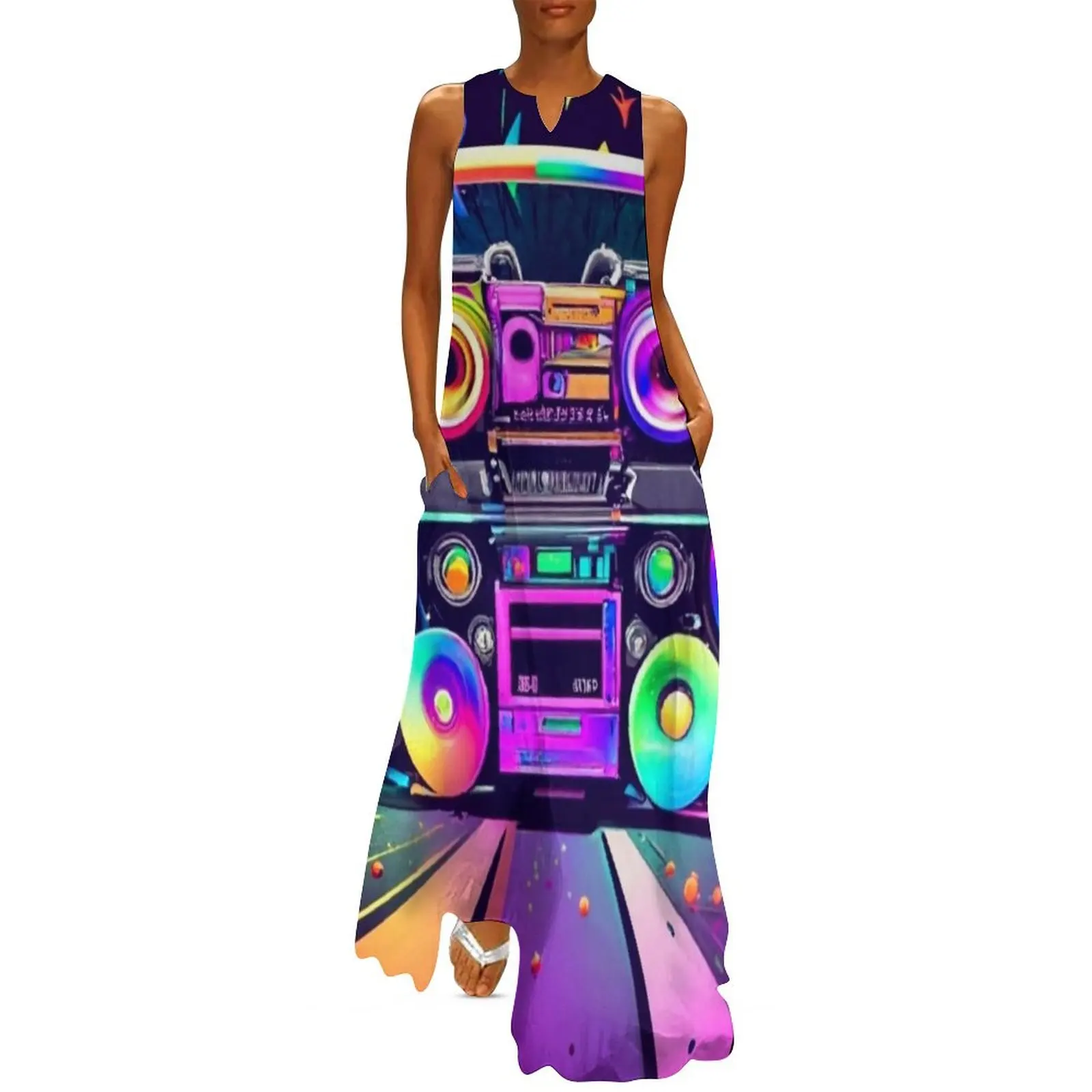 Multi Color 80's Boombox Creative Art Long Dress dresses for womens womens dress clothing women summer 2025