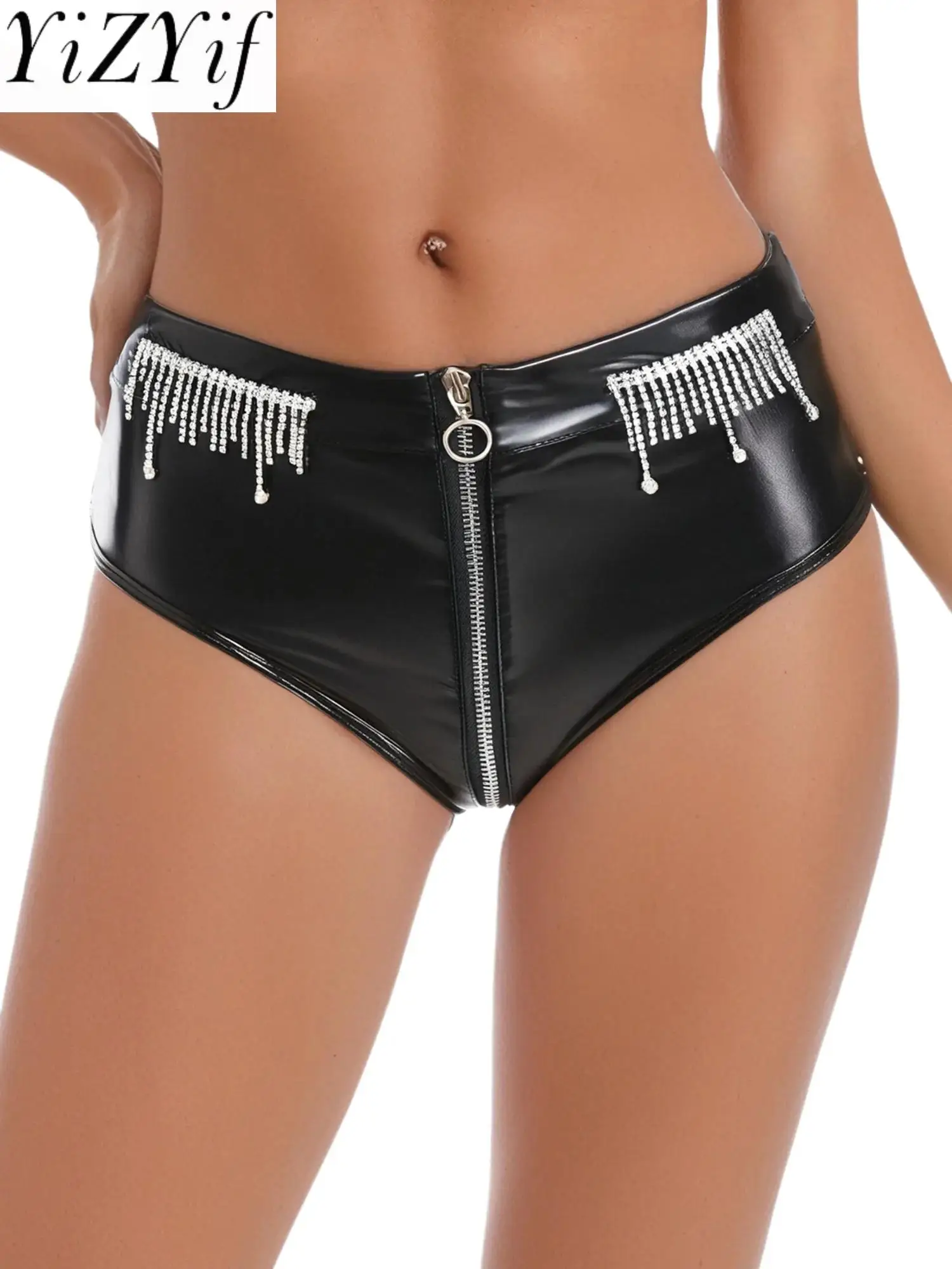 

Women Sexy PU Leather Briefs Shorts High Waist Zipper Crotch Panties Booty Shorts for Single Party Bar Pool Party Beachwear