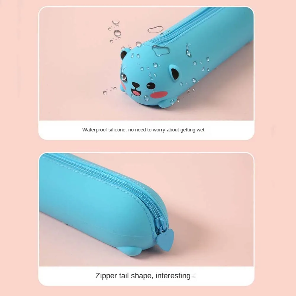 Waterproof Cartoon Silicone Pencil Case Washable Large Capacity Soft Pencil Pouch Bear Animal Stationery Storage Bag Office