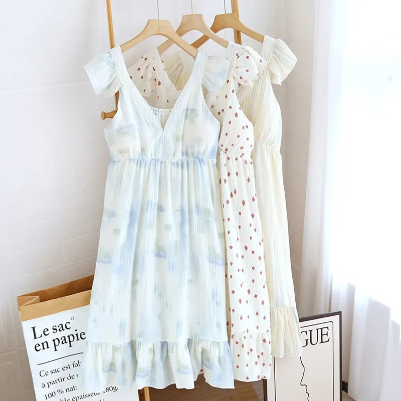 

Crepe Flying Sleeves Sleeping Dress for Girls Summer Cool Sling Dress Cotton Home Dress Sleeping Wearing Women