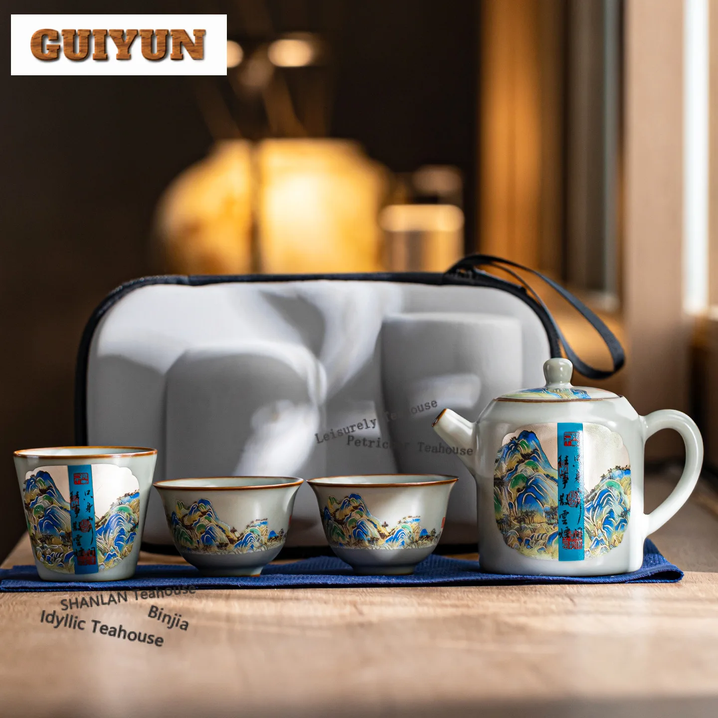 Ru Kiln Hand Painted Rivers And Mountains Travel Tea Set Kit Zen 1 Pot 3 Cups Tea Making Organizer Portable Outdoor Stock Bags