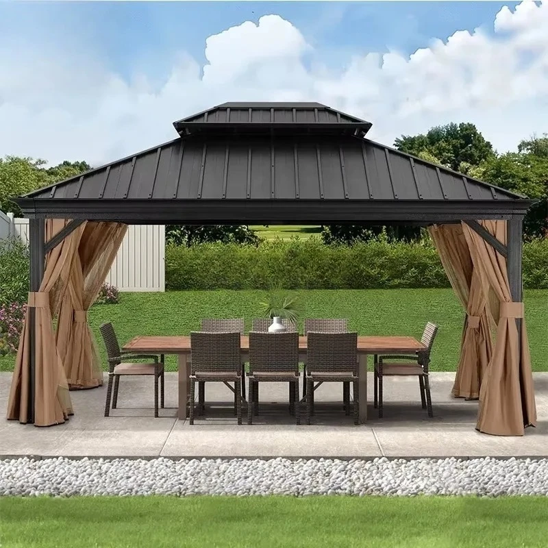 Double  Top Hardtop  Gazebo Outdoor Iron Metal Pergola  With Nettings Windproof  UV Resistant Weatherproof Garden Patio Backyard