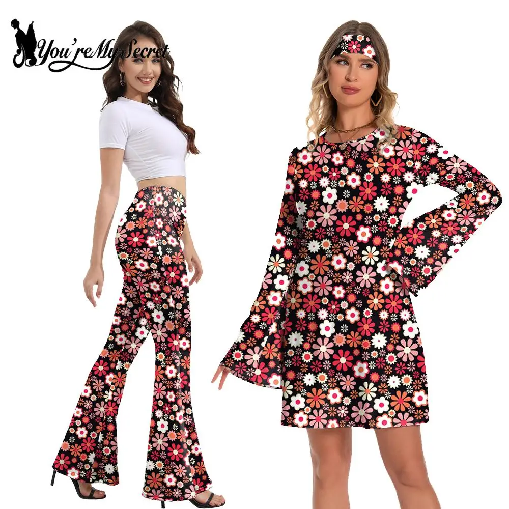 [You're My Secret] Hippie Disco Cosplay Costume Women Bell Bottom Boho Pants Flared Sleeve Mini Dress Retro 70s 60s Theme Party