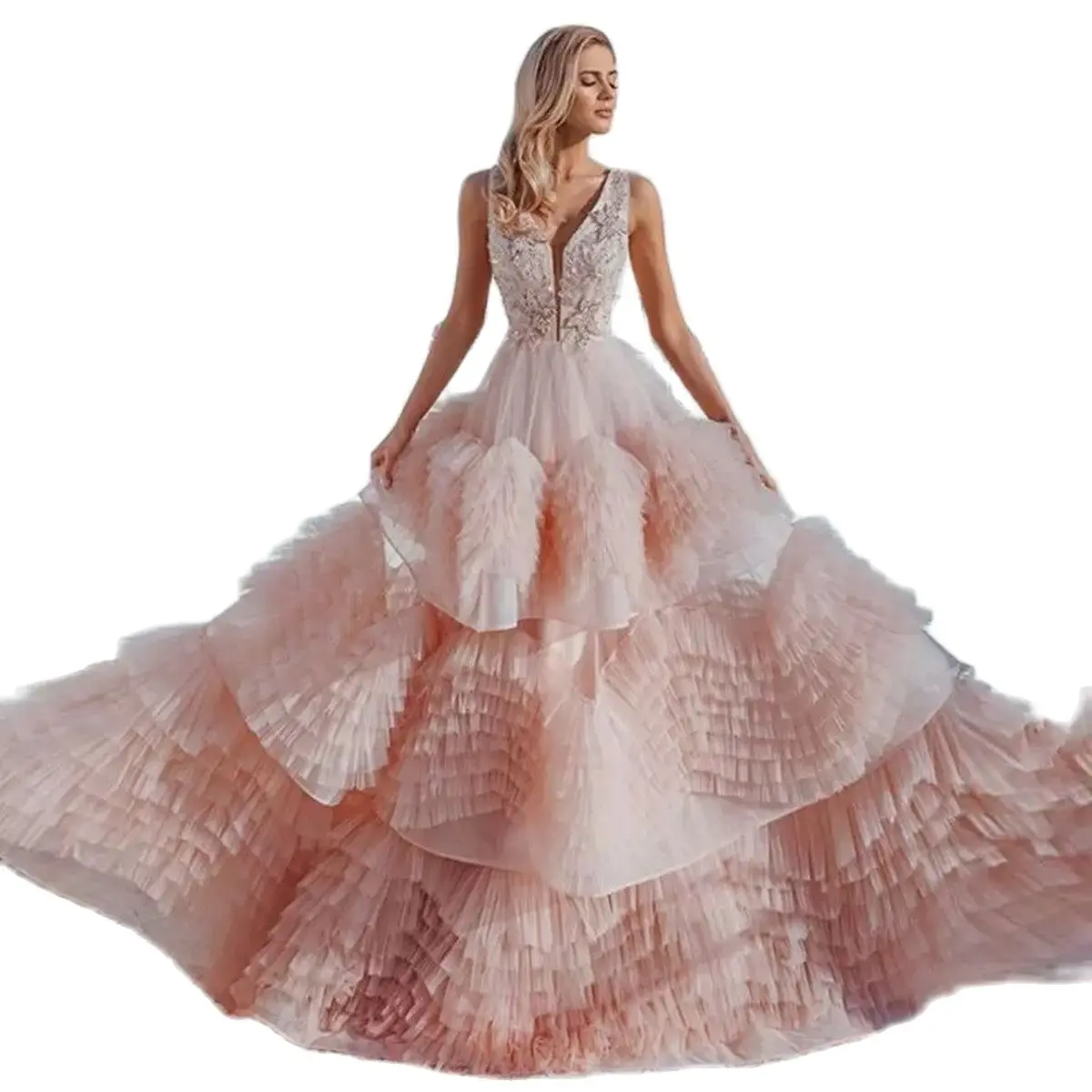 

Pink Layered Tulle Arabic Prom Dresses V Neck Tiered Ruffles Custom Made Evening Formal Party Second Reception Gowns