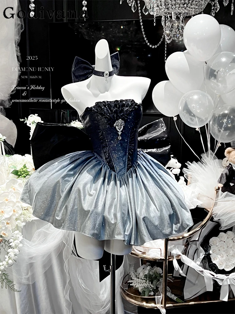 

Original Sweet Princess Style Blue Tube Top Dress Summer Woman's Birthday Dresses Female Lolita Elegant Vintage Dress Vestidos