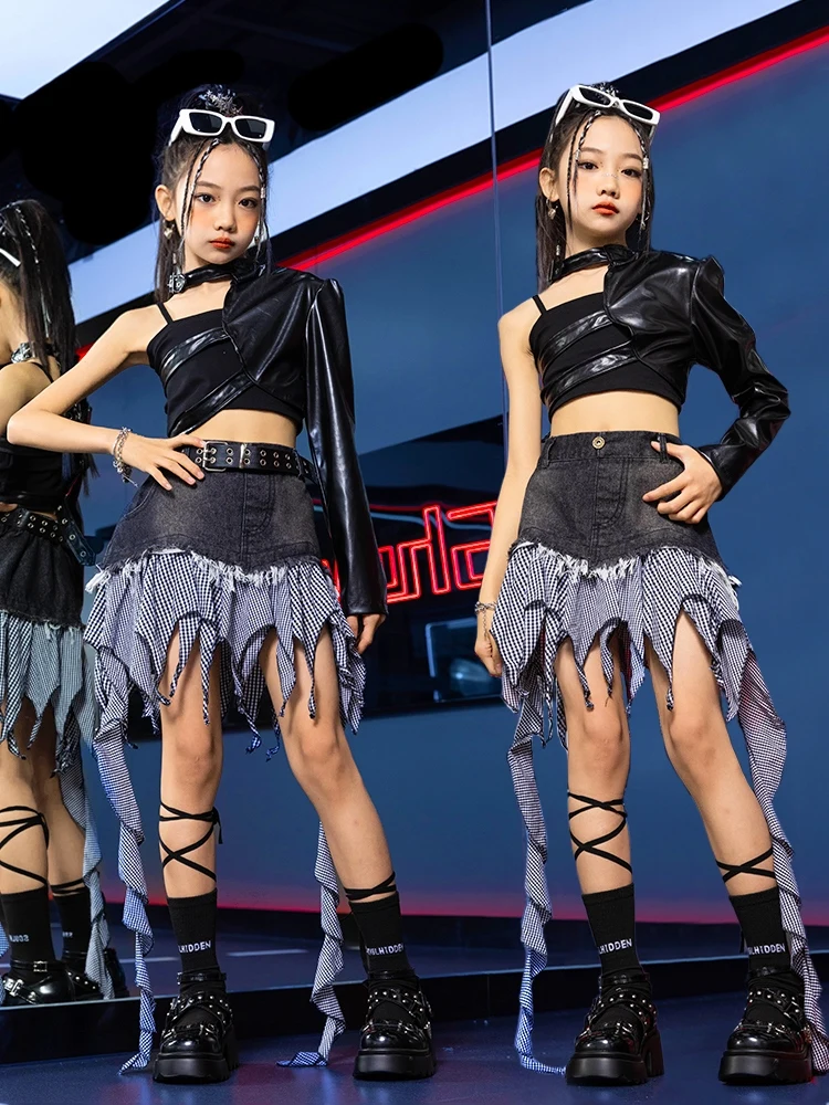 Jazz Dance Costume Girls Kpop Clothing Black Leather One-Sleeved Tops Fringe Skirt Cheerleading Performance Clothes Kids BL13357