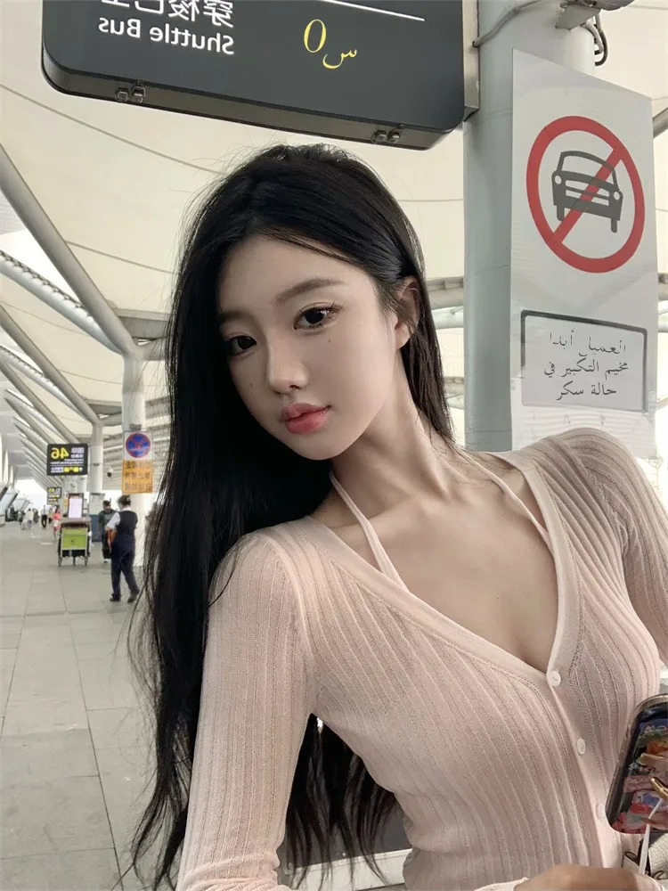 Pink V-Ne Long Sve Knitted Sun Protection irt Women Summer Sweet Spicy Thin Fake Two-Piece Open Cardigan Outerwear