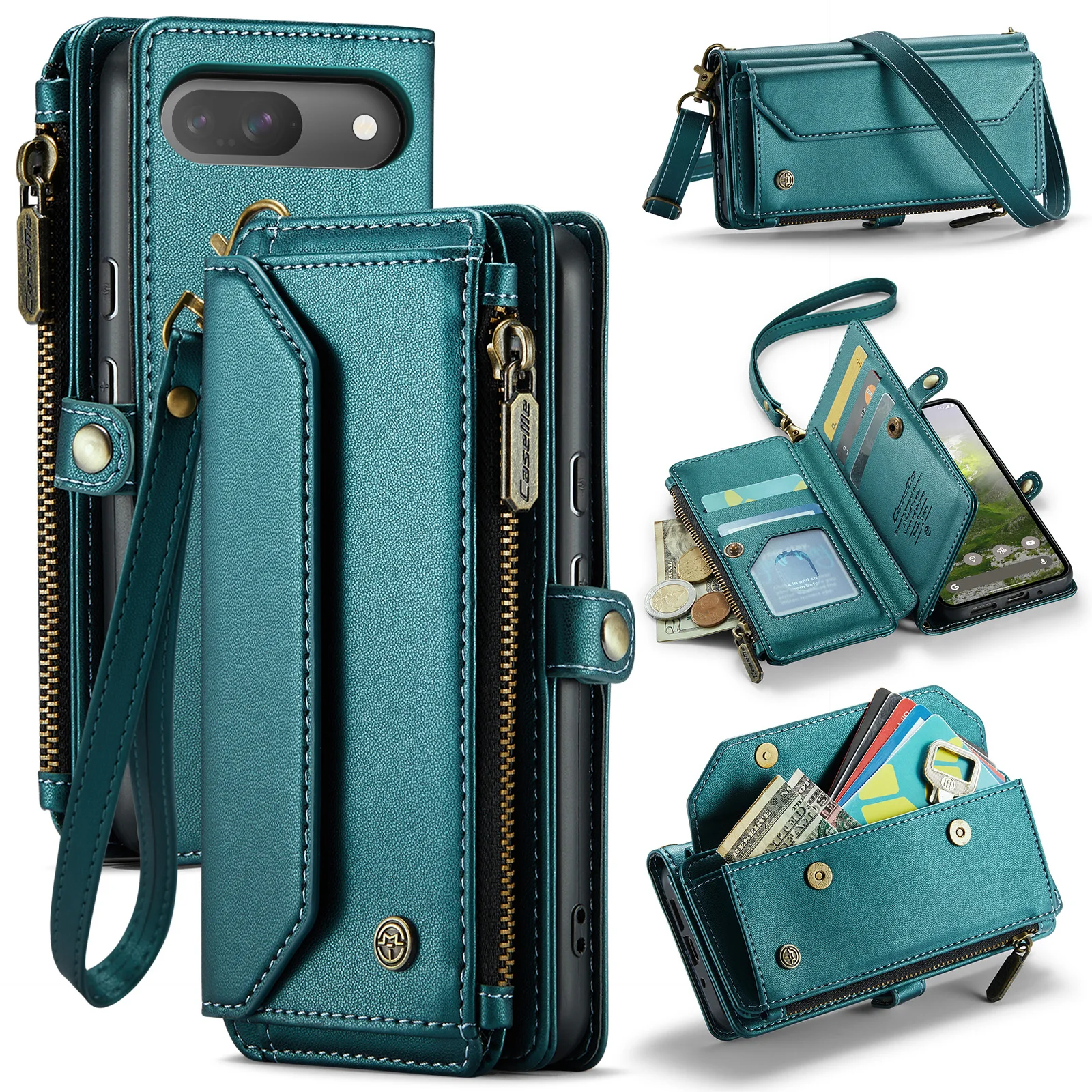 

Caseme-C36 Wallet Case For Google Pixel 10, 10 Pro,10 Pro XL 9, 9Pro XL, 9A, 8 8Pro, 7a Zipper Card Holder with Crossbody Strap