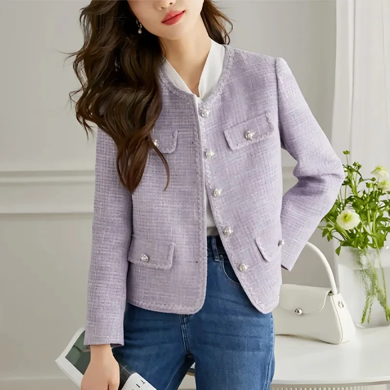 

French Little Fragrance Coat for Women in Early Spring 2024 French Temperament Short Purple High Grade Tweed Ladies Top