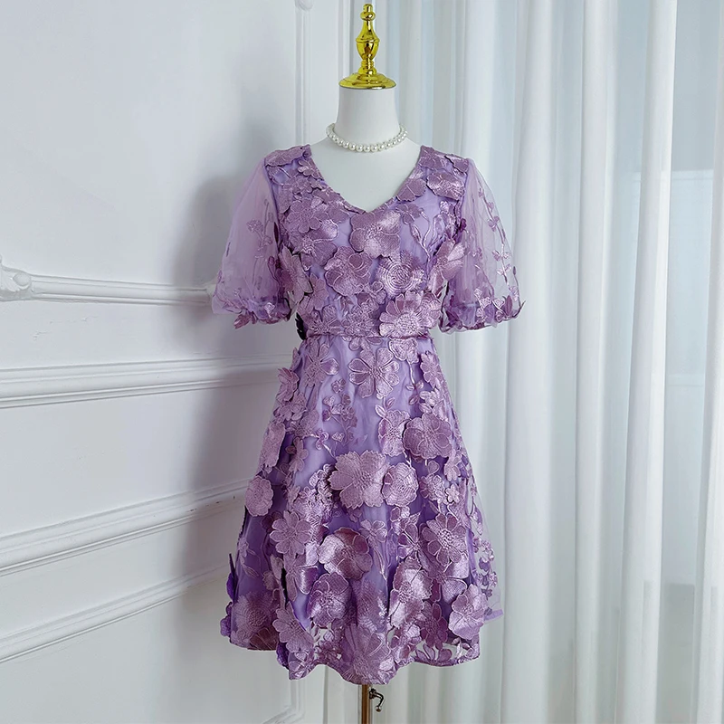 

Summer Elegant Flower Embroidery Prom Evening Wedding Purple Lace Dress For Women's V-Neck Short Sleeve Bodycon Party Dresses