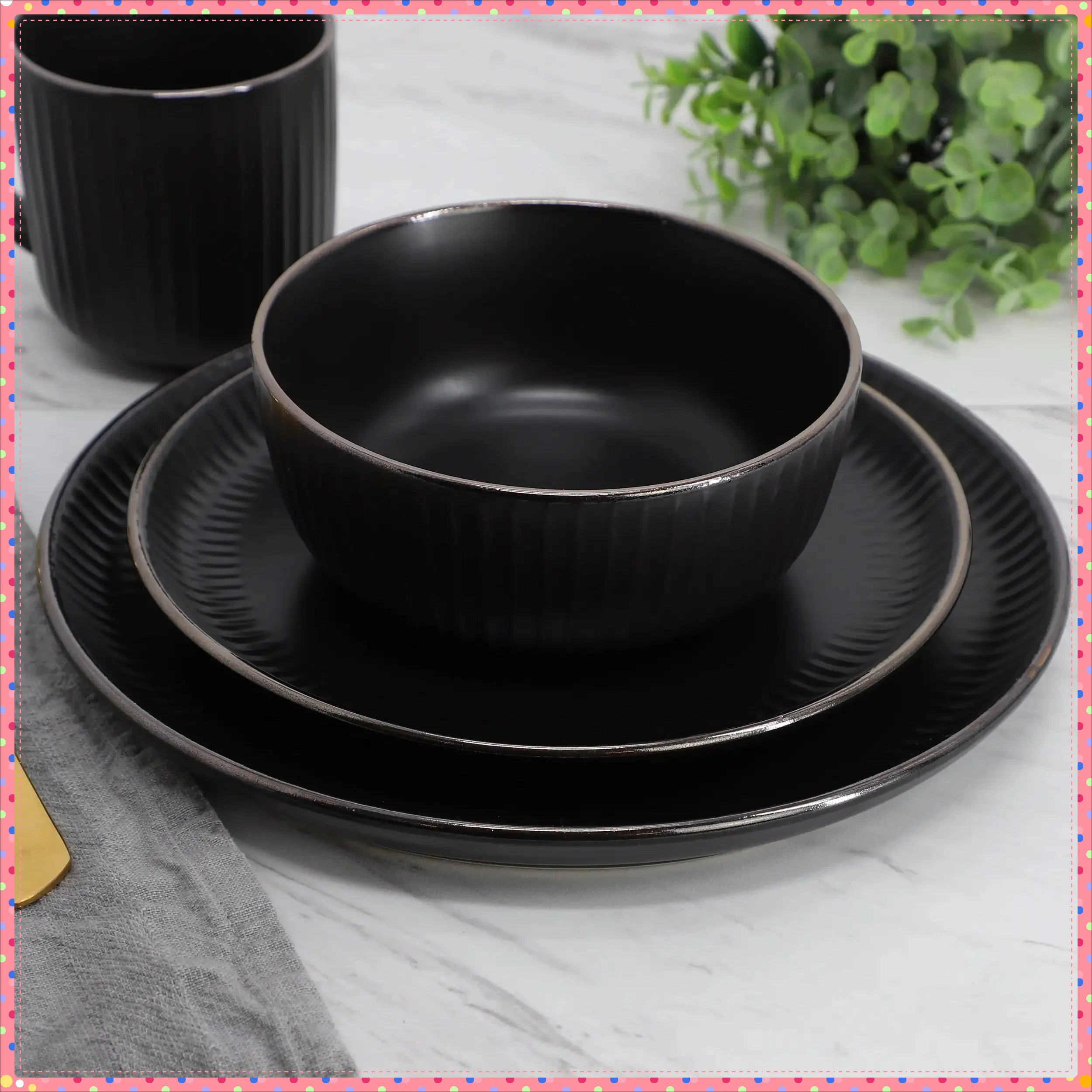 

Набор столовой посуды из черного камня, 16 предметов, прочный вневременной дизайн для повседневной столовой и особых случаев