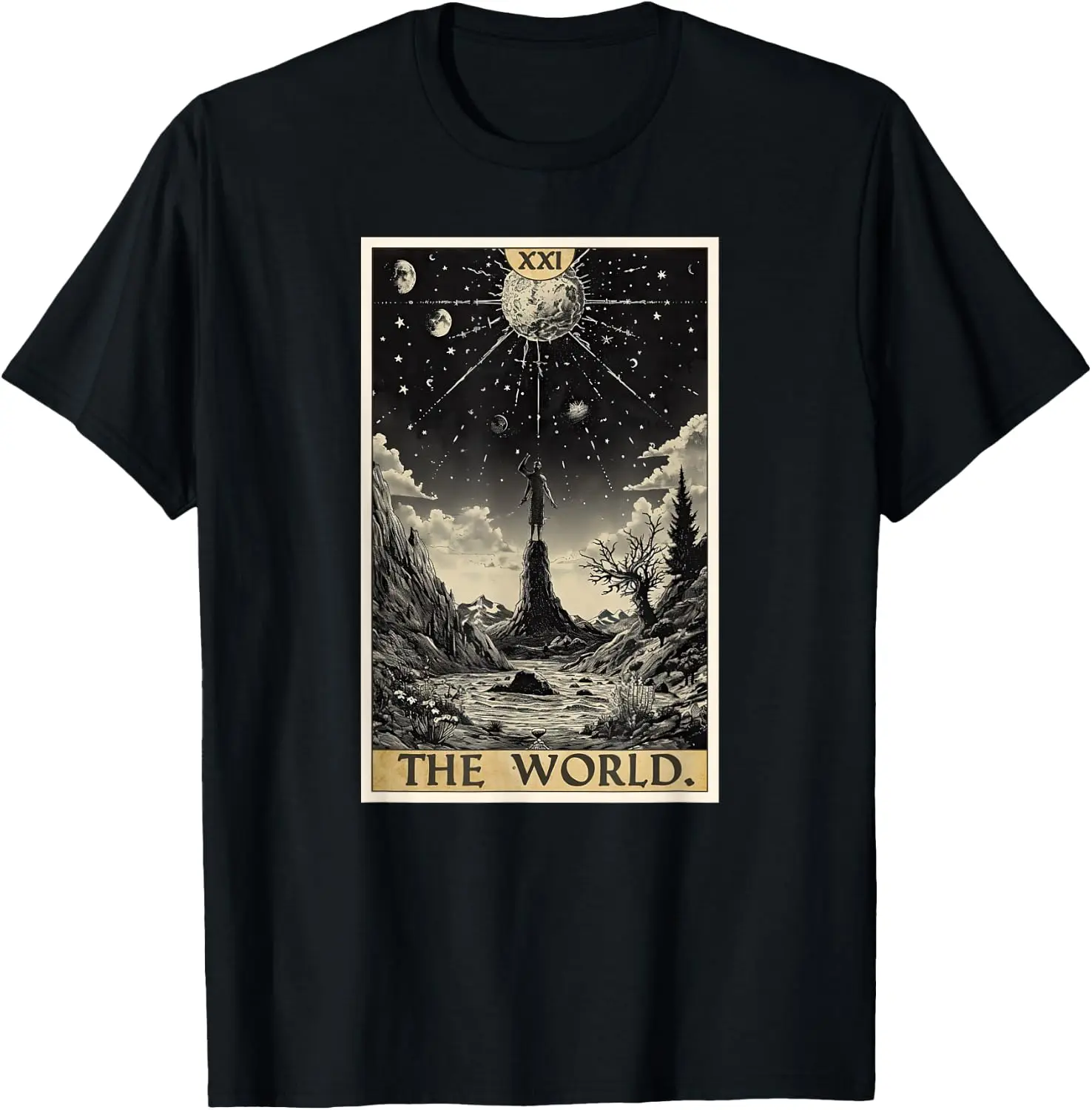 Cards Tarot Card 21 The World T-Shirt 100% Cotton Trendy Y2K Short-Sleeve Tee-Soft, Quick-Drying, Moisture-Wicking; Ideal Sports