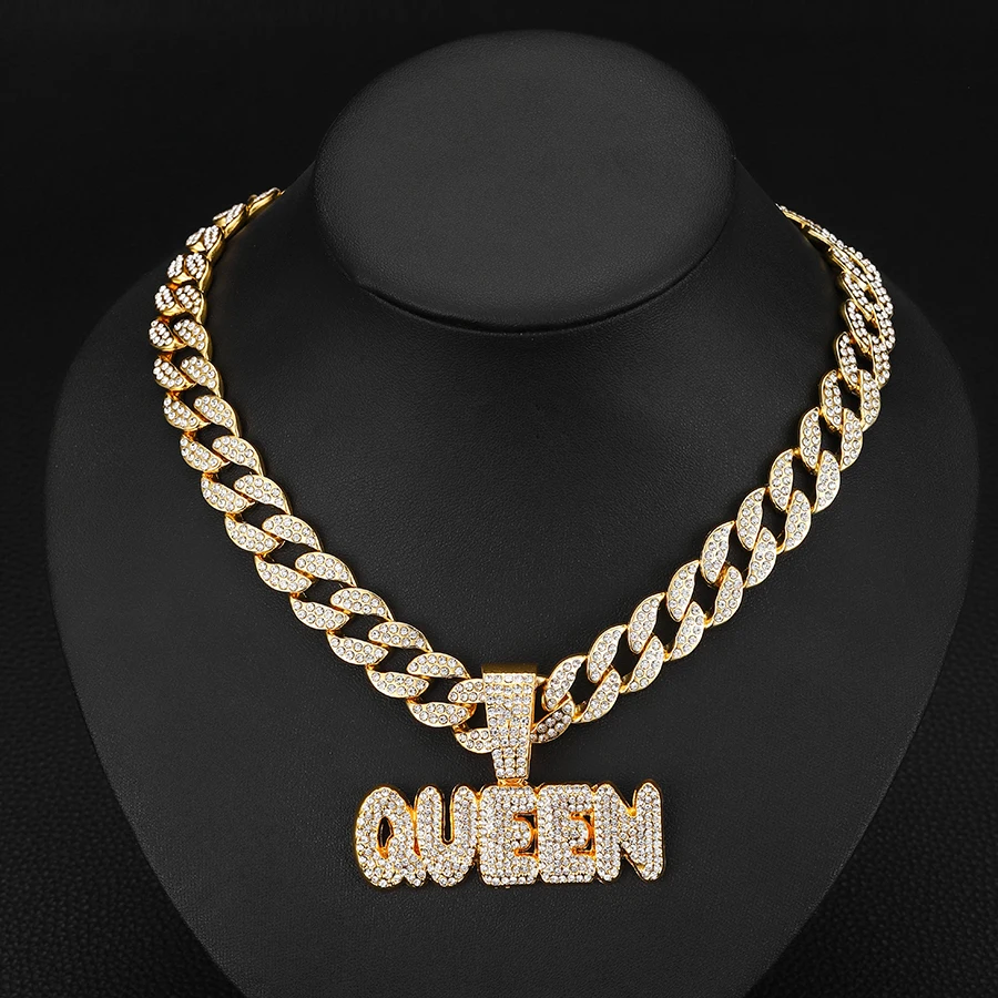 Cuban link chain with alloy and bling CZ hip hop QUEEN letter pendant charm necklace