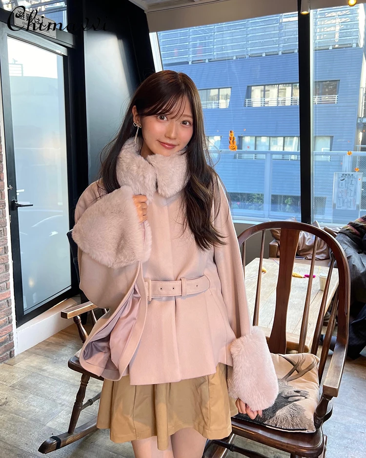 

Japanese Style Collar Cuff Fur Collar Patchwork Elegant Shawl Cape Coat Winter Clothes New Sweet Girl Loose Warm Jackets