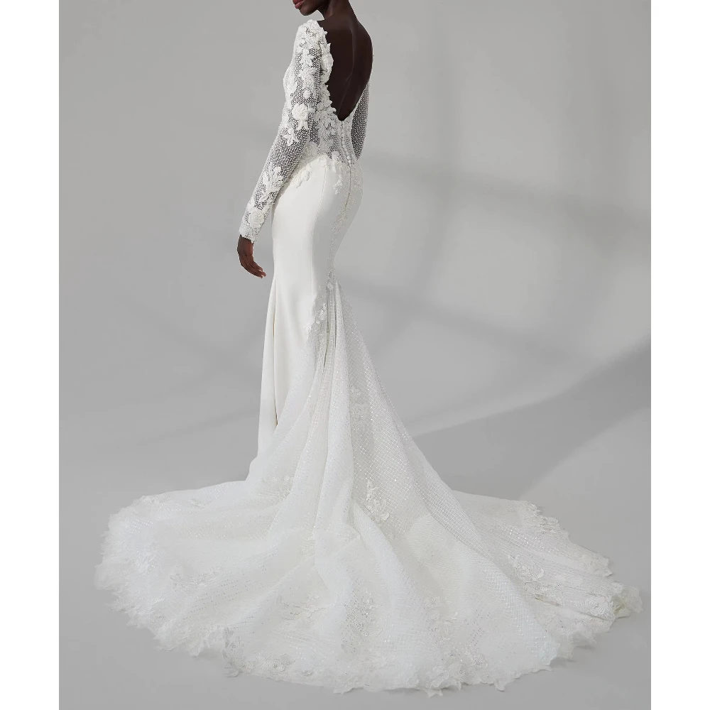 Customized Elegant V-Neck Crepe Mermaid Wedding Dress with Long Mesh Lace Sleeves Deep Open Back Bridal Reception Fitted Sparkly