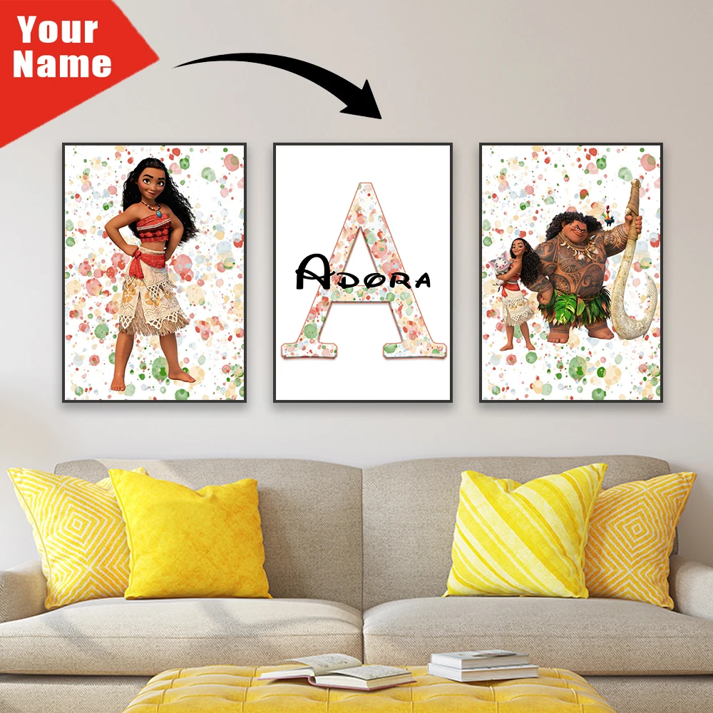 3 PCS Custom Name Moana Princess Watercolor Poster Cartoon Splash Background Print Kids Bedroom Canvas Painting Birthday Gift