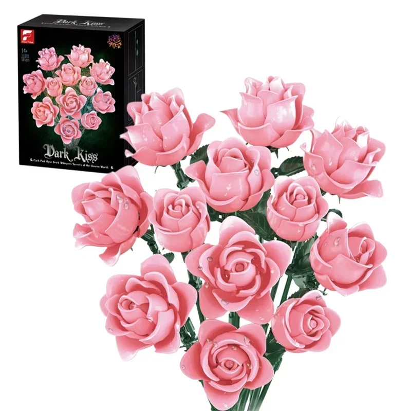 585PCS Rosa Rose Blume Bausteine Simulation Bouquet Modell Bricks Erwachsene Romantische Geschenke Desktop Dekoration Kinder Puzzle Spielzeug
