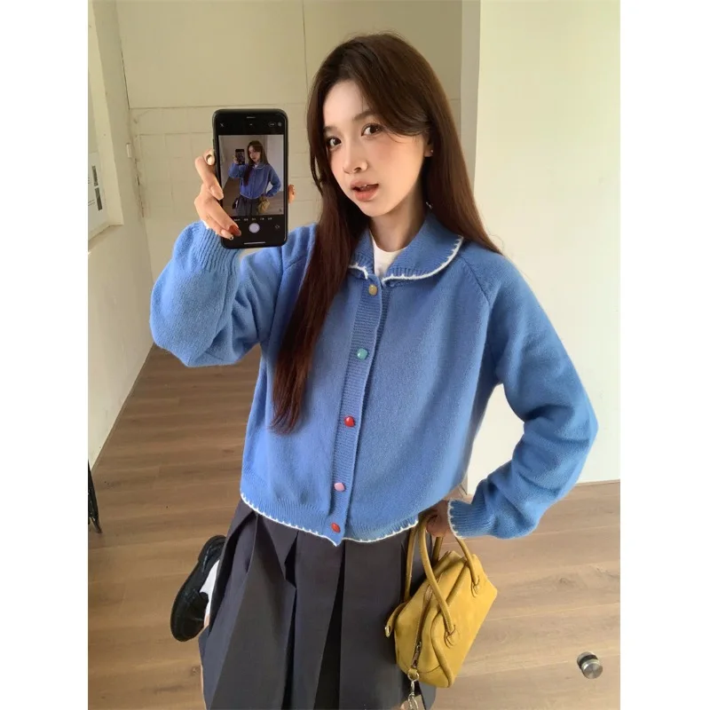 

Autumn Winter Women's Ne Knitwear Button Slimming Versatile Ele Outerwear Long Sve Polyester Blend