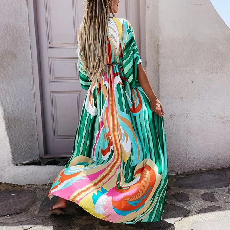 2023 Women Gorgeous Boho Print Maxi Beach Dress Summer Deep V Slit Elastic Waist Party Dress Elegant Holiday Long Dress Vestidos