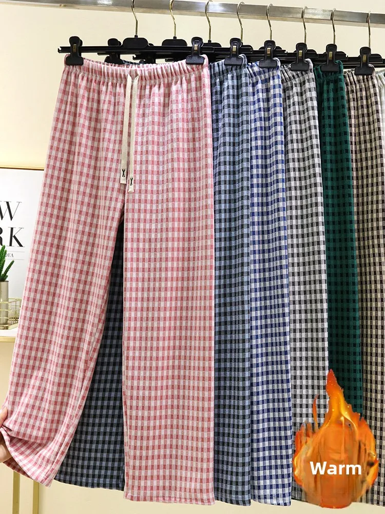 Fleece Lined Wide Leg Pants Women's New Style German Velvet Plaid Straight Cut Loose Fit Home Leisure Pants High Waist Polyes...
