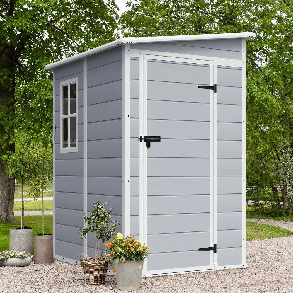 

Outdoor Storage Shed, 5 x 4 FT Resin Shed with Floor and Lockable Door, Plastic Garden Tool Outside Sheds for Patio Backyard La