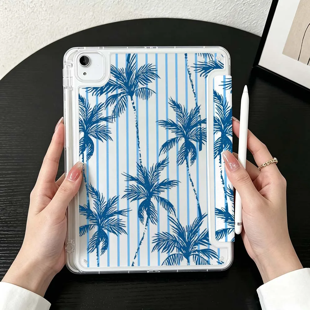 Coconut Tree Striped For iPad Mini Pro Air 5 6 7 8 9 10th 11th 11 9.7 10.9 13 inch Transparent Y-Shaped Folding Tablet Case