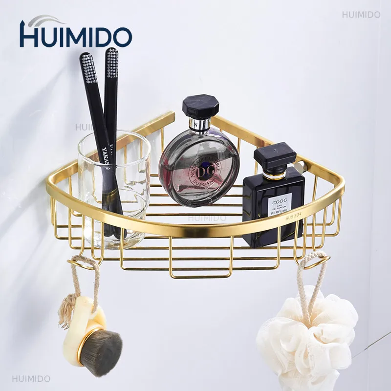 Golden Stainless Steel Bathroom Shelf Wall Mount Triangular Storage Rack for Cosmetics Shampoo Corner Drain Basket with Hook