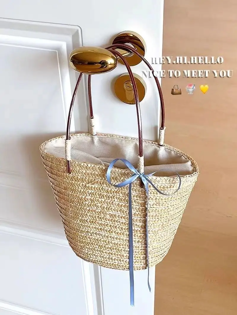 French retro bucket bag summer style bow straw bag seaside beach vacation hand-woven basket