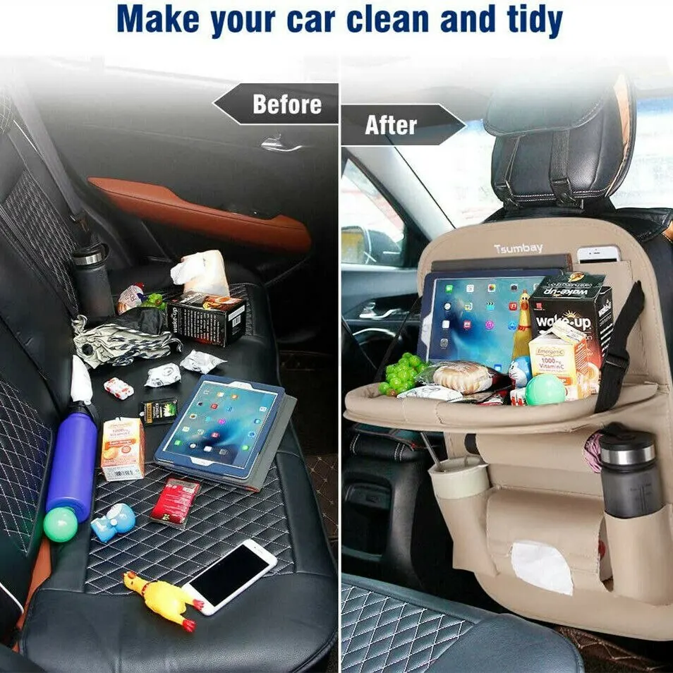 Carro assento organizador traseiro com mesa dobrável bandeja, armazenamento de couro PU, bolsos, Kick Mats, acessórios interiores