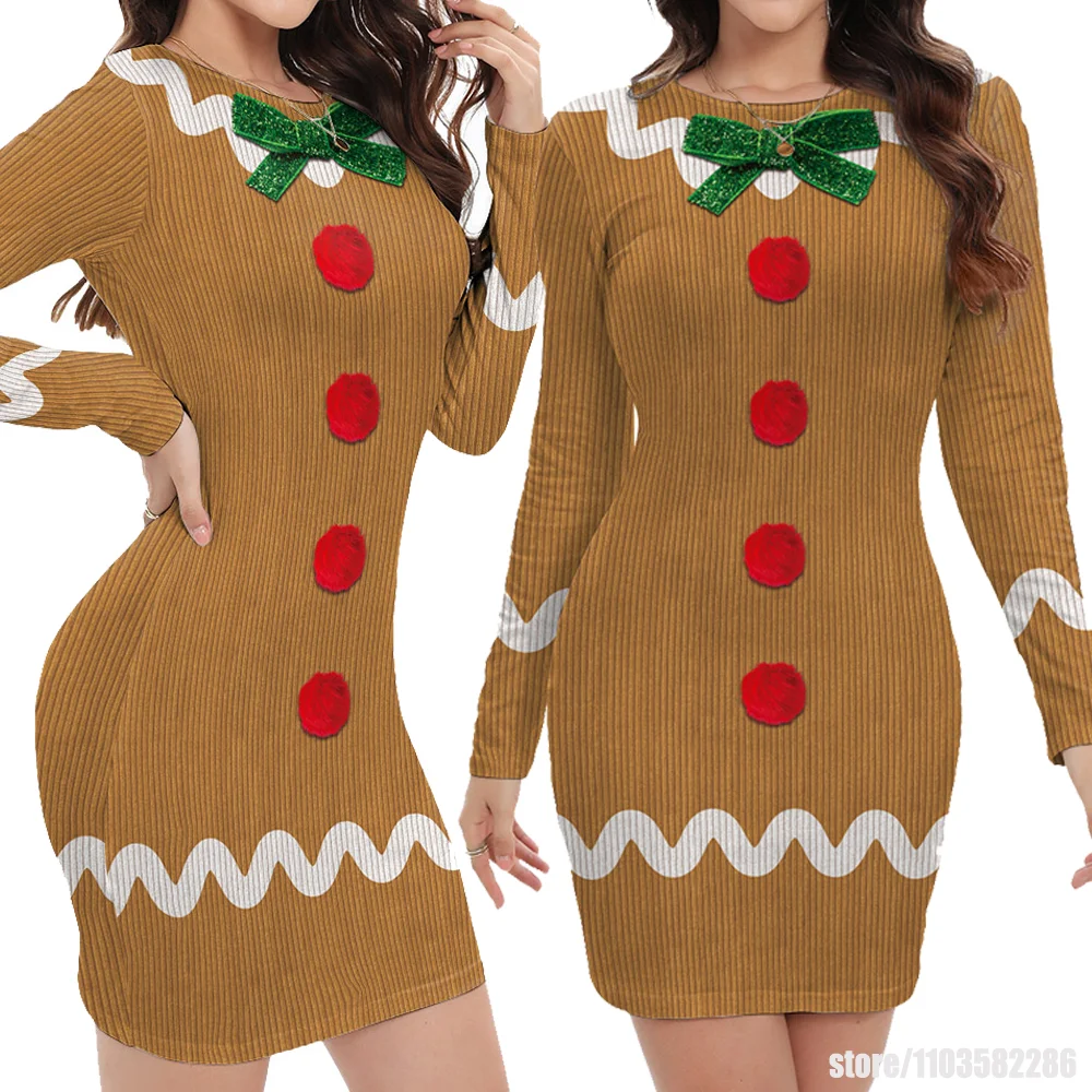 Frauen Weihnachtskleid Damen Elfenpullover Streifen 3D-gedrucktes Kleid Langarm Robe Party Performance Braun Cosplay Kostüme